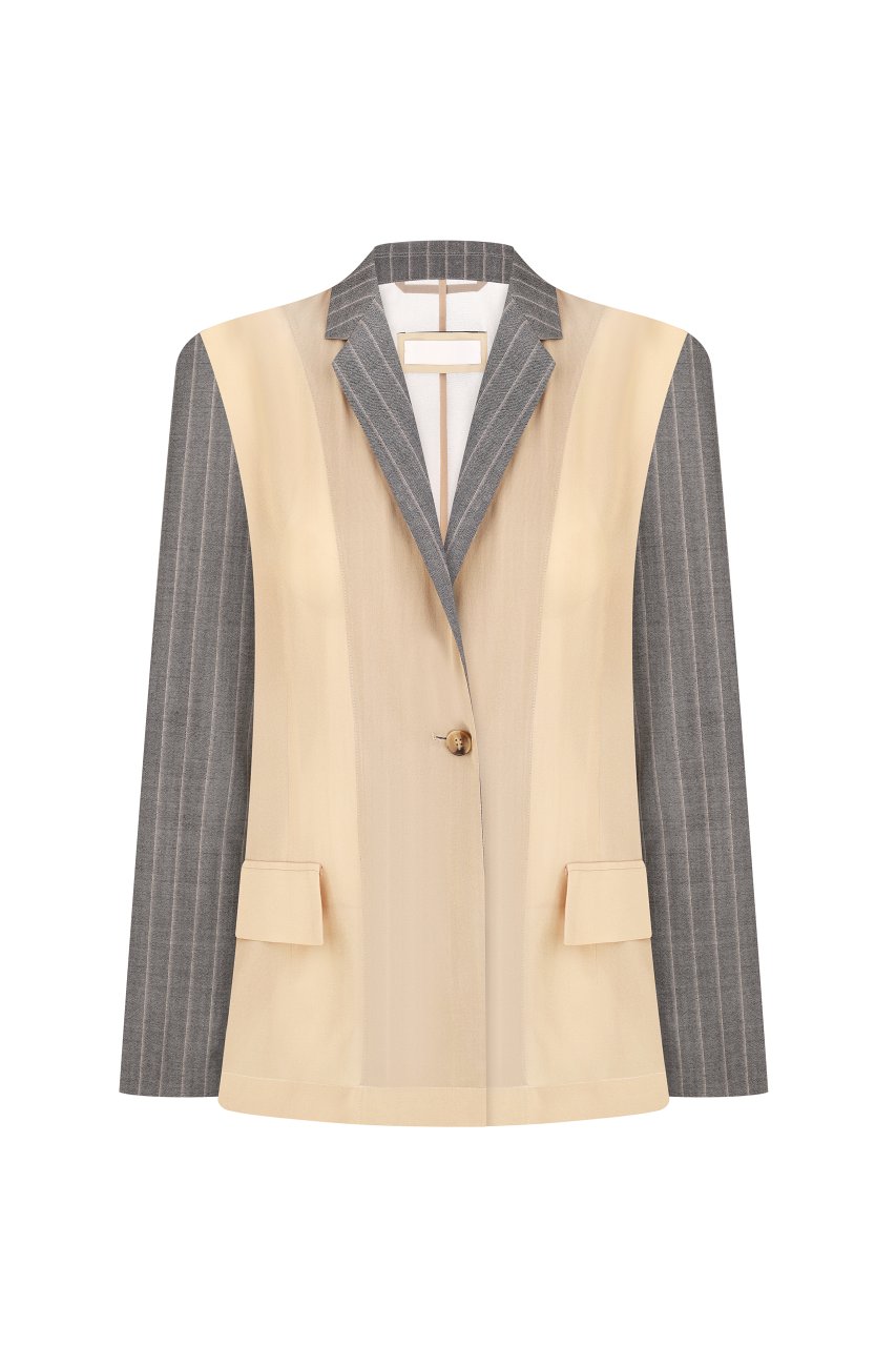PINSTRIPED JACKET WITH CHIFFON PANELS