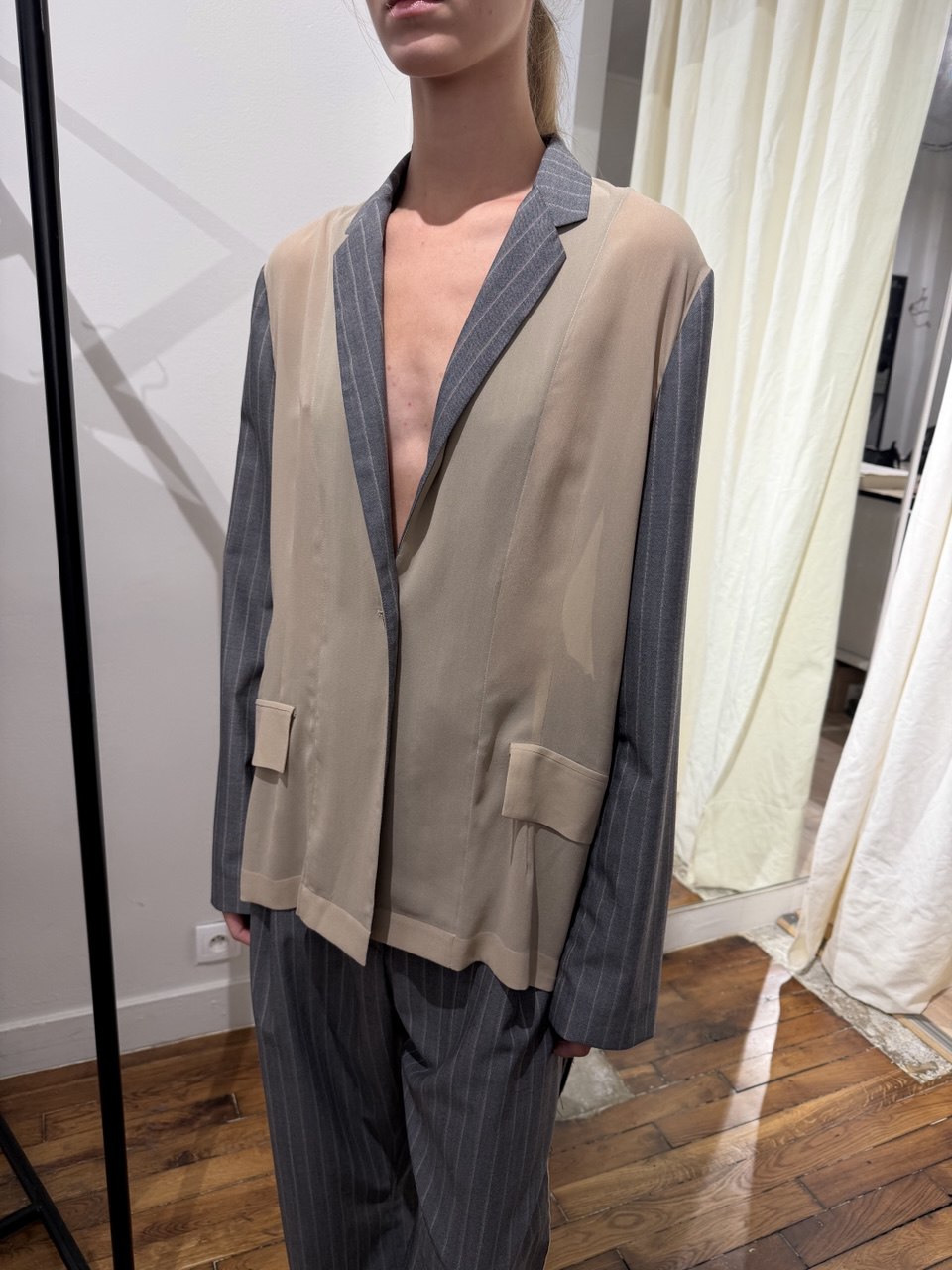 PINSTRIPED JACKET WITH CHIFFON PANELS