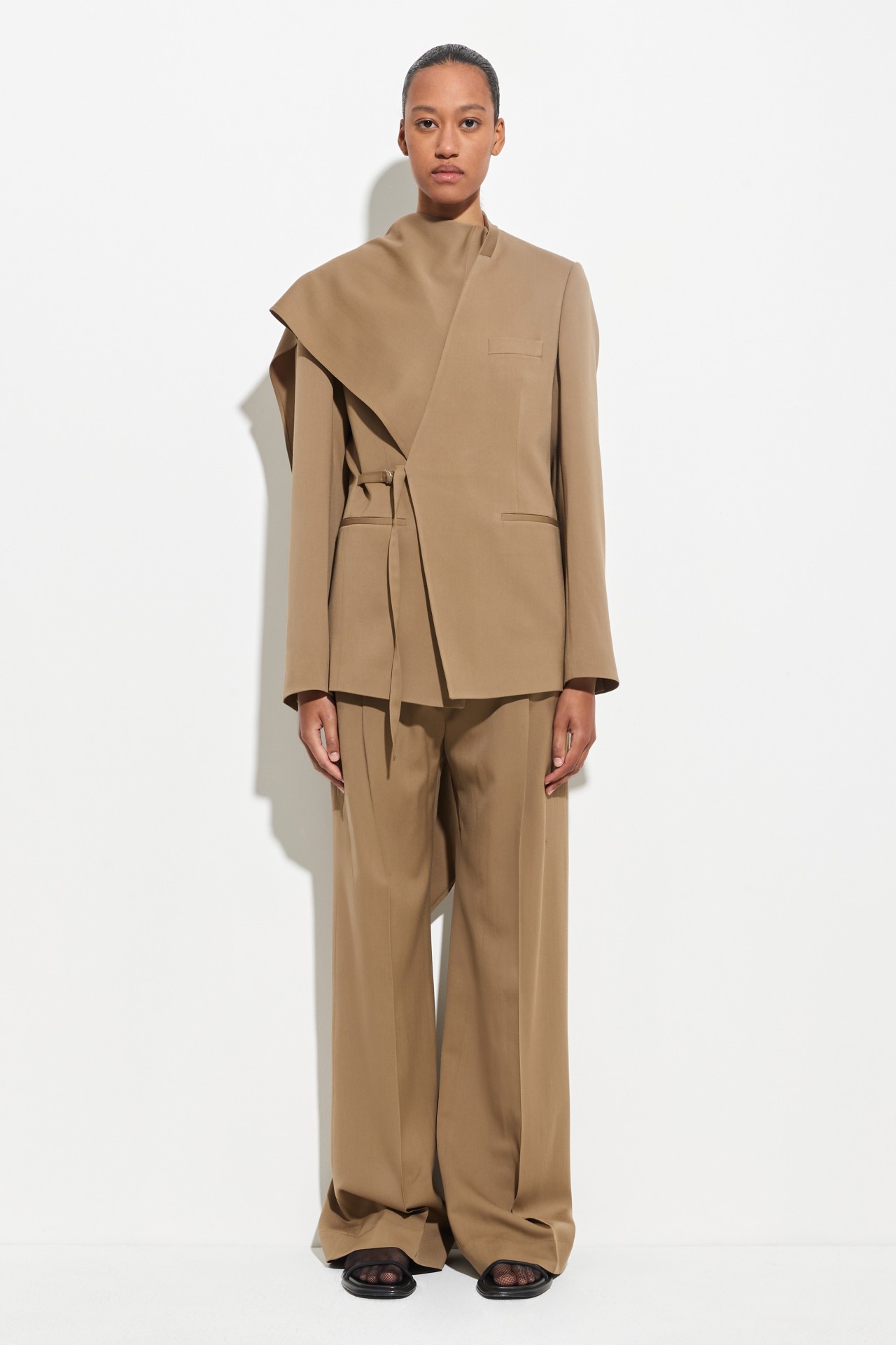 BLAZER WITH DRAPED SCARF IN ALMOND