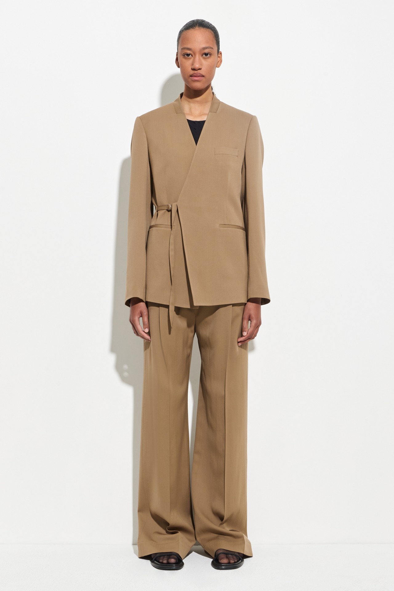 BLAZER WITH DRAPED SCARF IN ALMOND