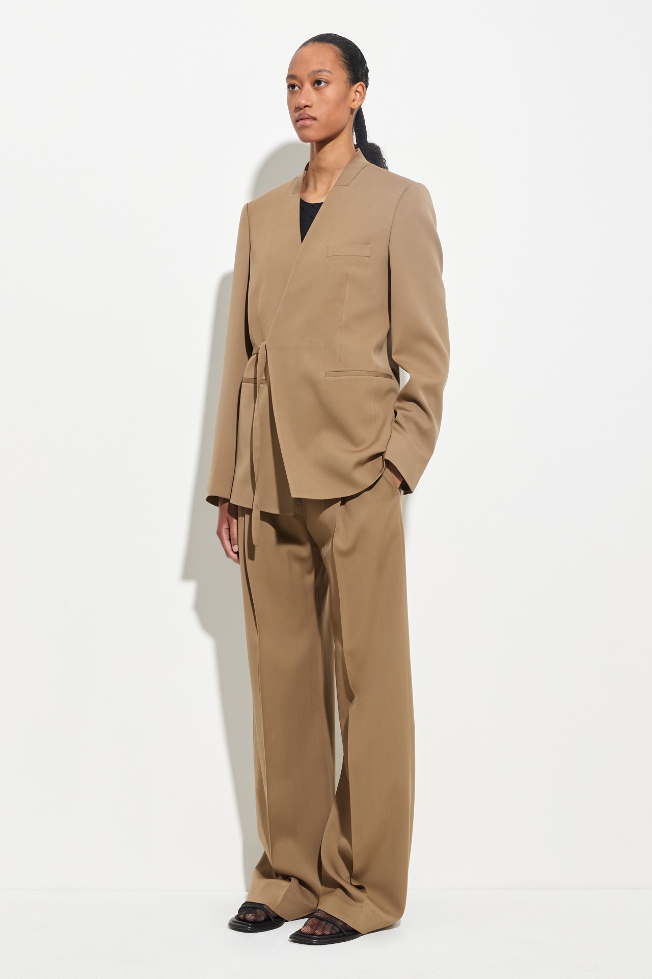 BLAZER WITH DRAPED SCARF IN ALMOND