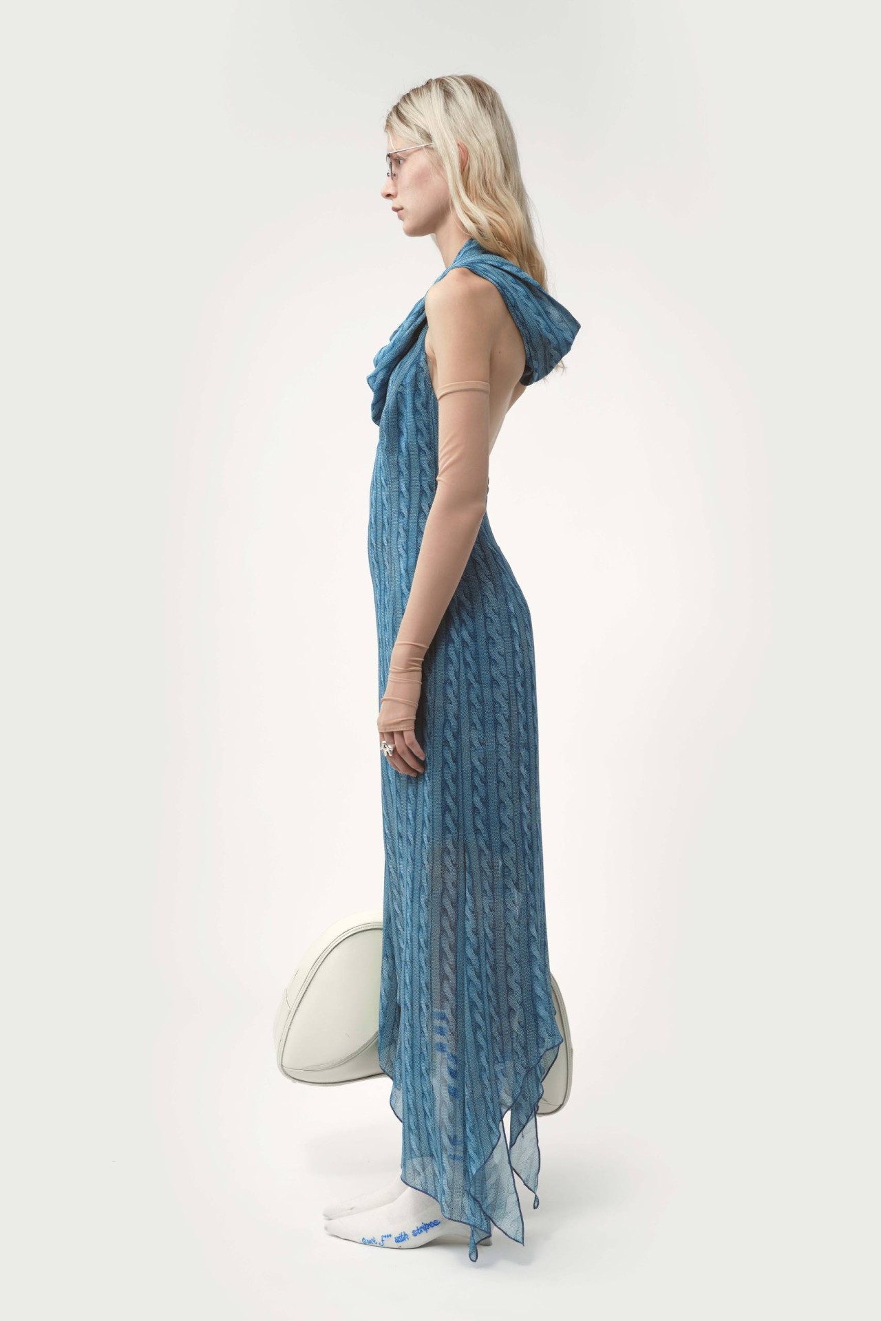 DRAPED CABLE KNIT DRESS IN BLUE