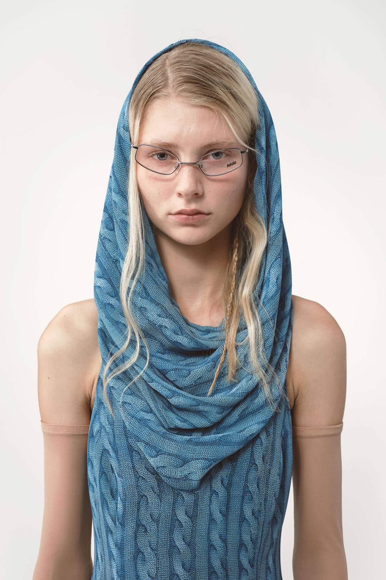 DRAPED CABLE KNIT DRESS IN BLUE