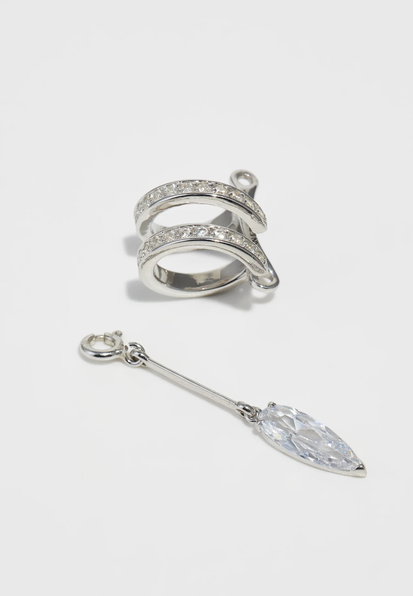 ENCRUSTED SPIRAL CLEAR DROP EAR CUFF IN SILVER