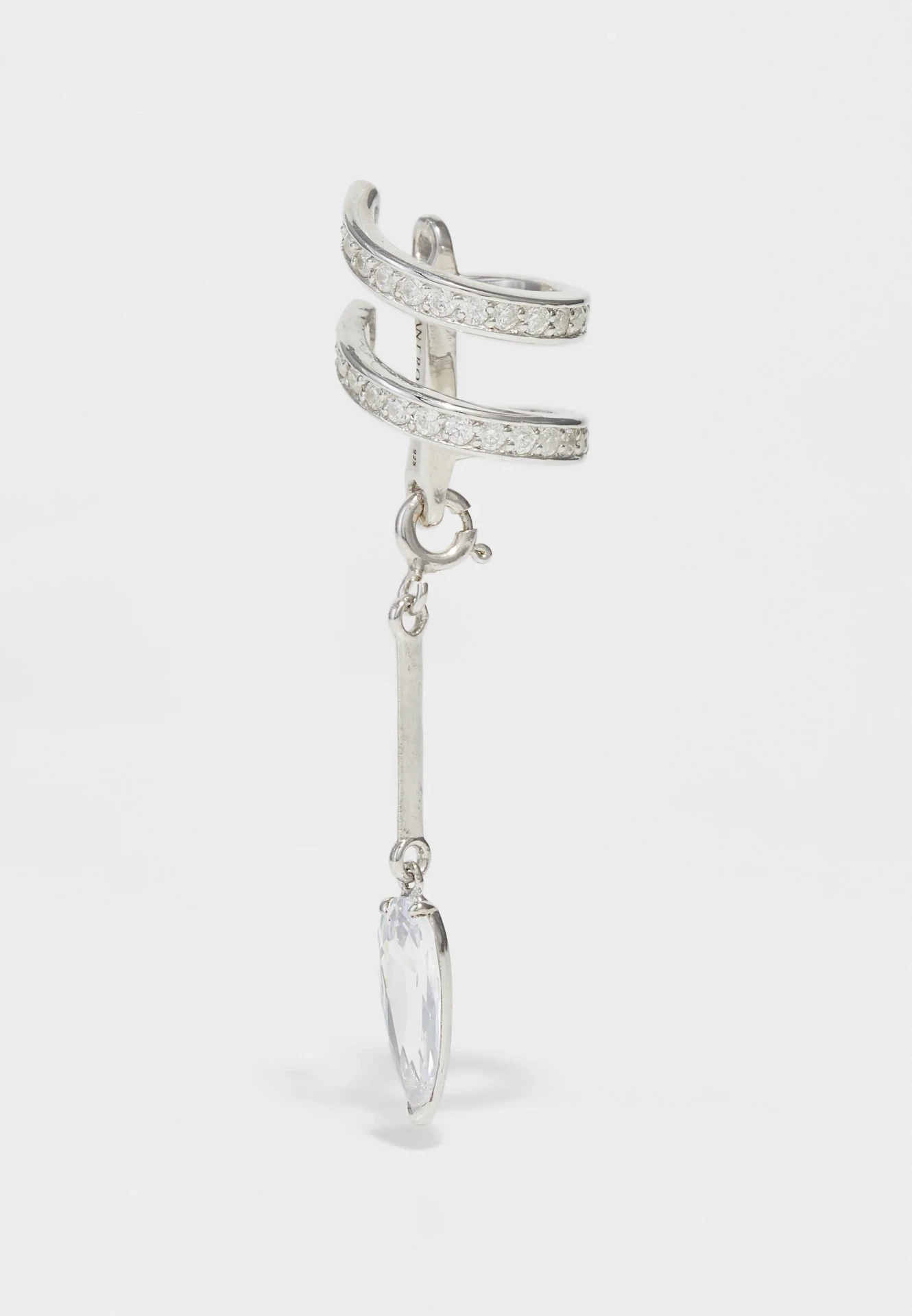 ENCRUSTED SPIRAL CLEAR DROP EAR CUFF IN SILVER