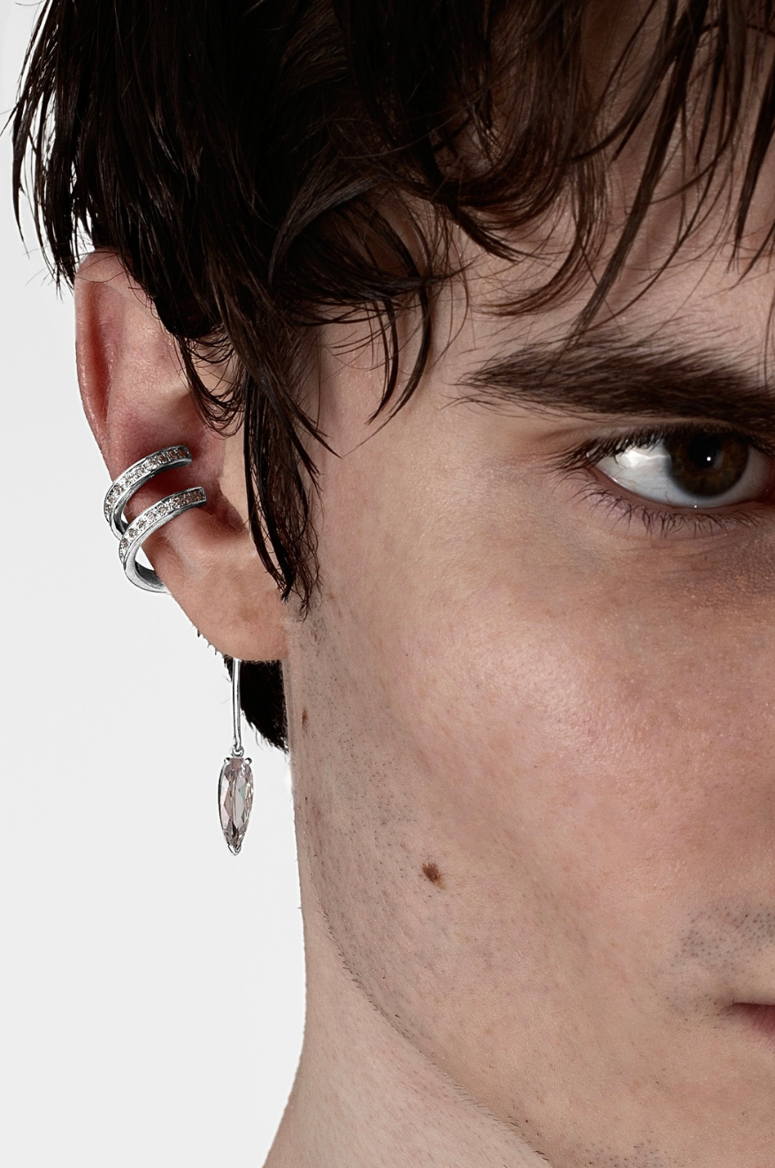 ENCRUSTED SPIRAL CLEAR DROP EAR CUFF IN SILVER