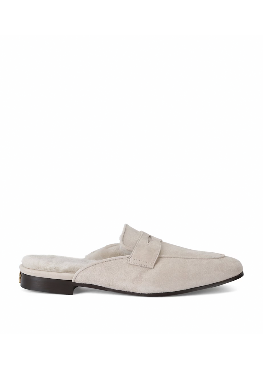 IVORY SUEDE AND SHEARLING SLIPPERS