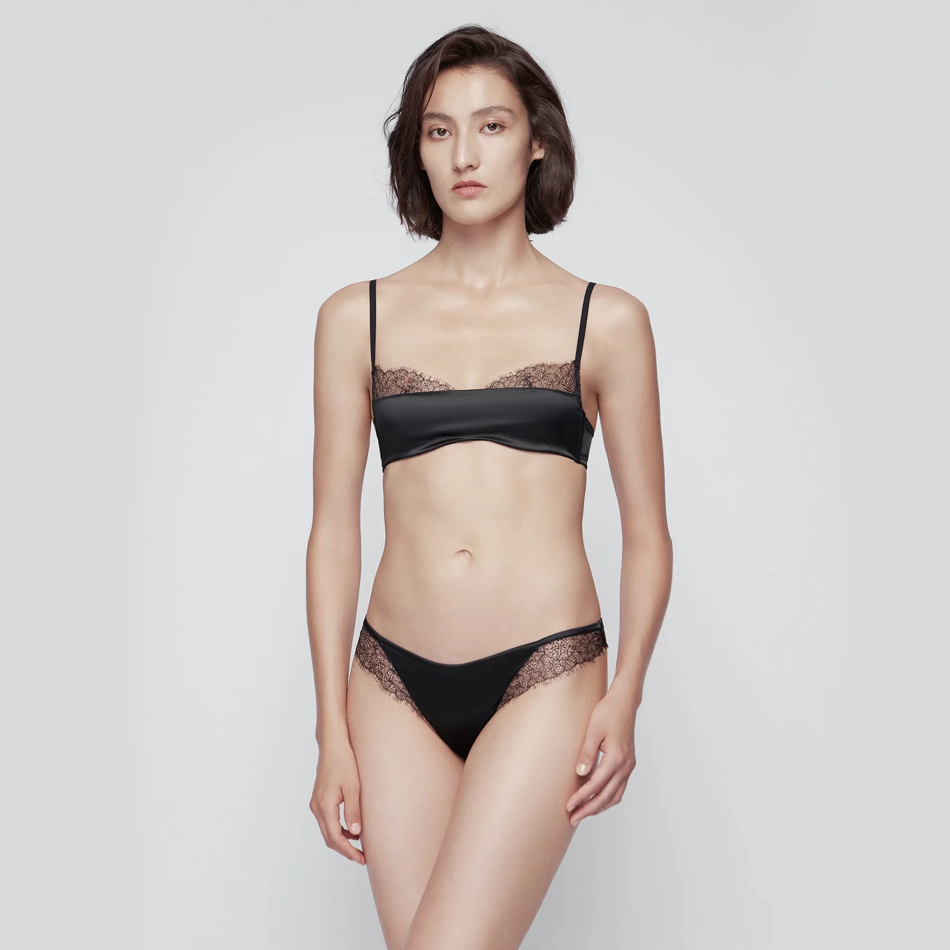 LEAVERS LACE-TRIMMED SATIN 3/4 UNDERWIRE BRA, BLACK