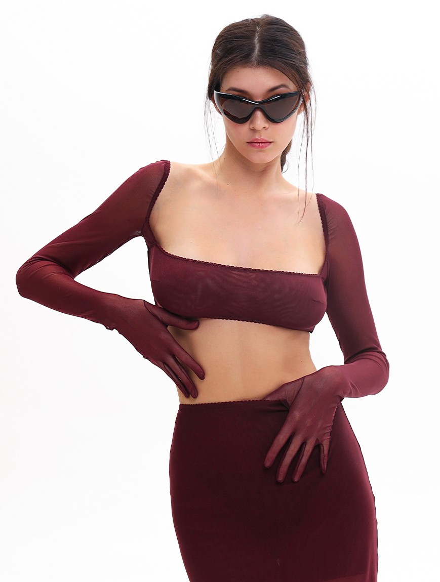 MESH TOP WITH SLEEVES IN BURGUNDY