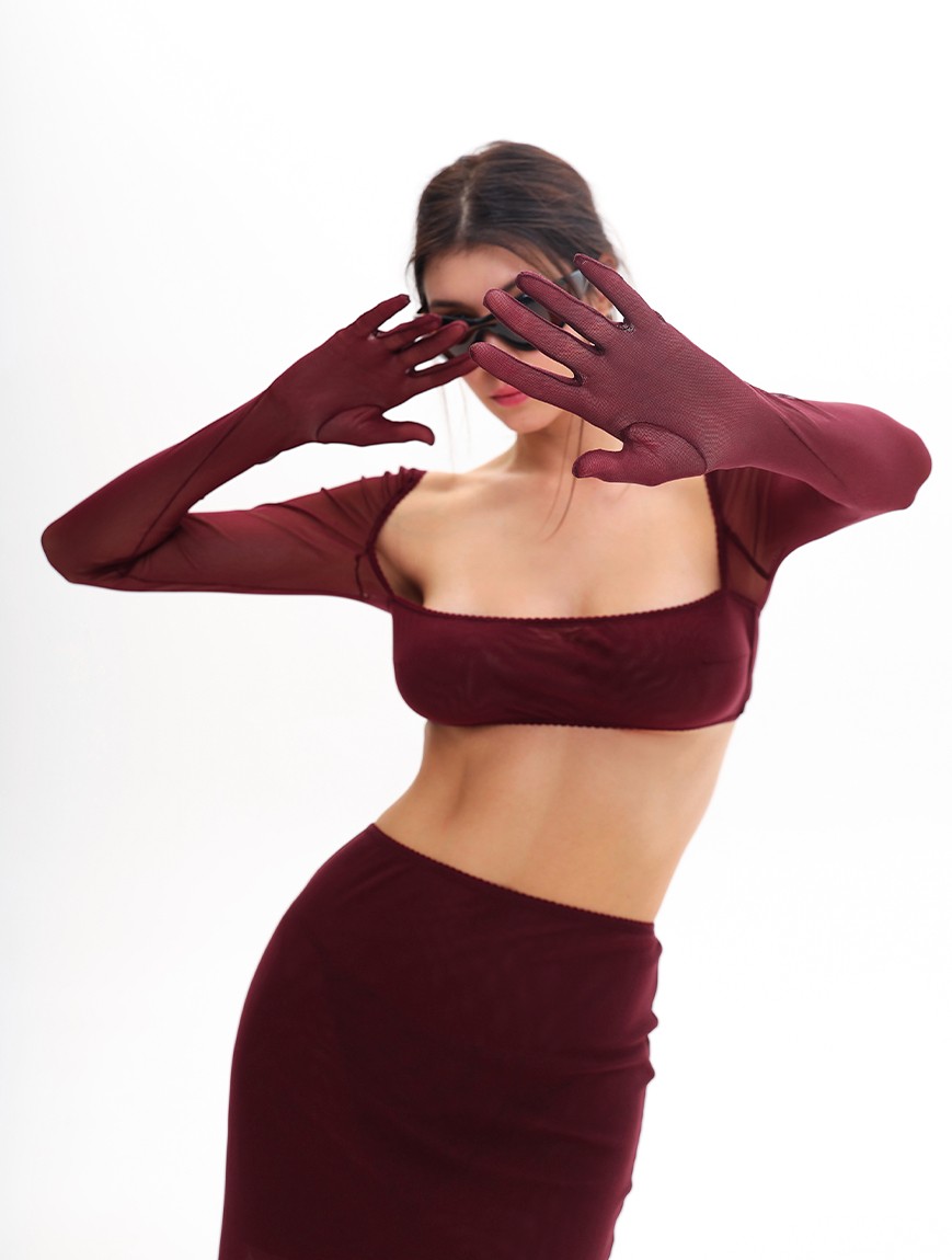 MESH TOP WITH SLEEVES IN BURGUNDY