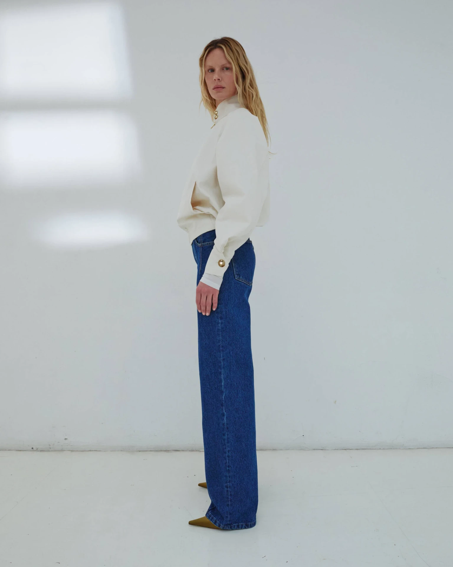 STRAIGHT LEG PLEAT EFFECT DENIM TROUSERS