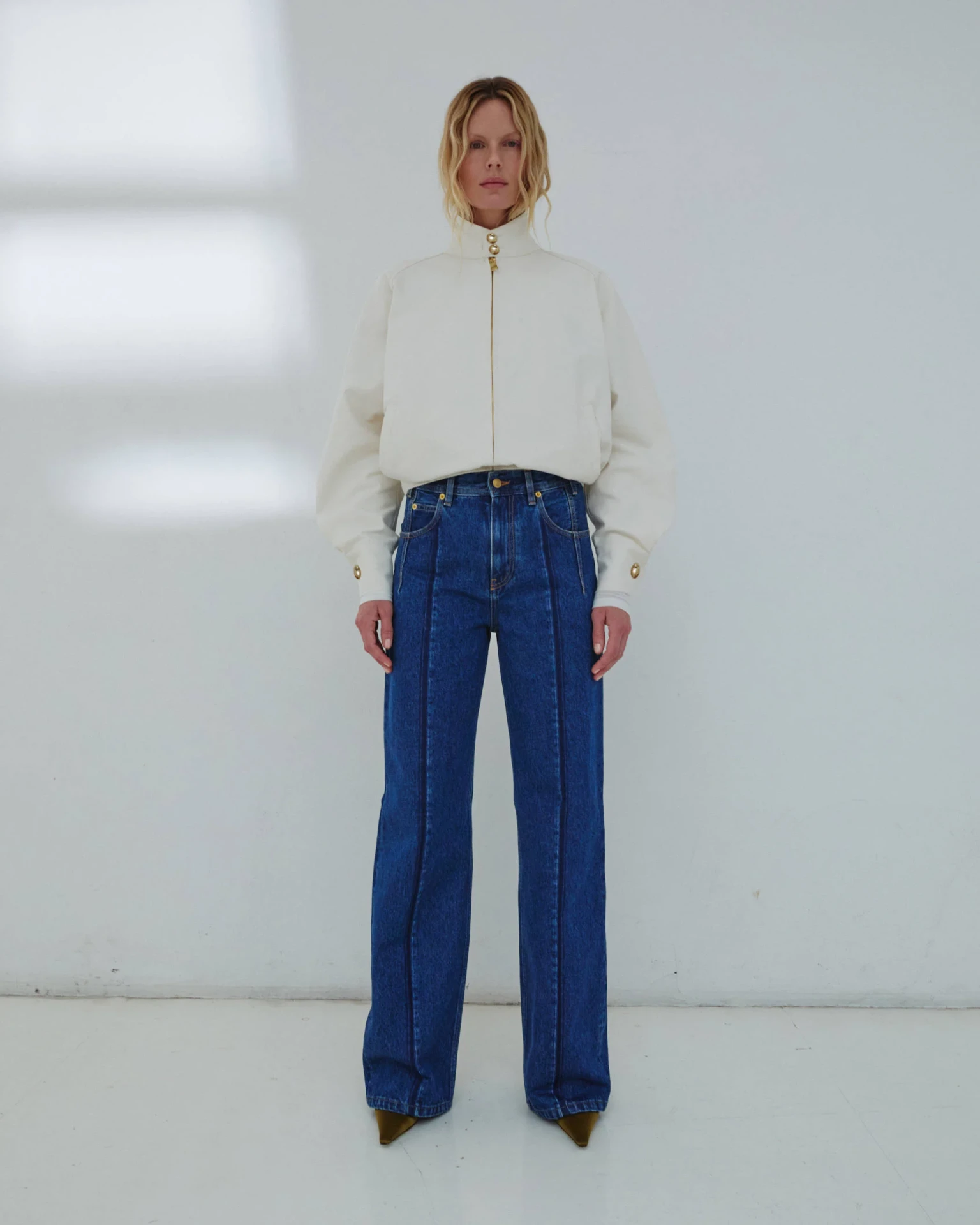 STRAIGHT LEG PLEAT EFFECT DENIM TROUSERS