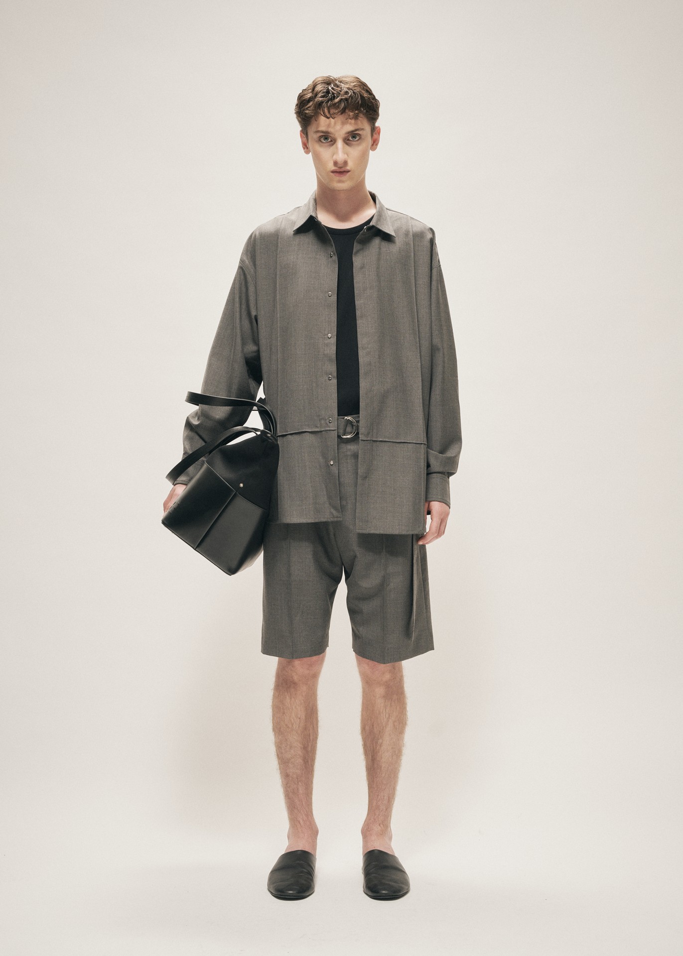 TROPICAL WOOL SNAP CLOSURE SHIRT GREY MELANGE