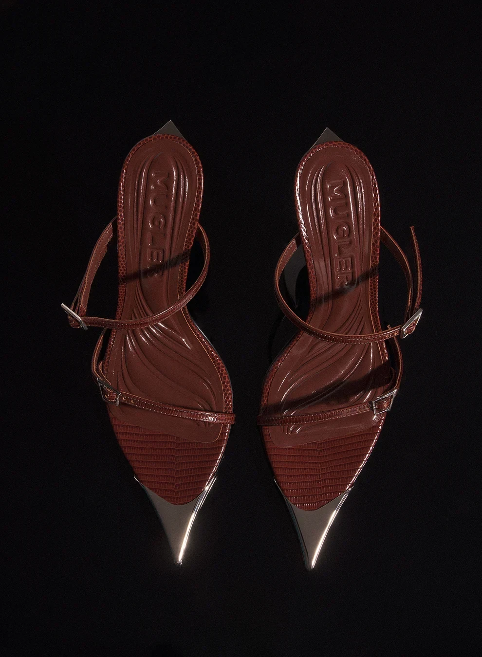 BROWN LIZARD EMBOSSED LEATHER FANG 95 SANDALS 