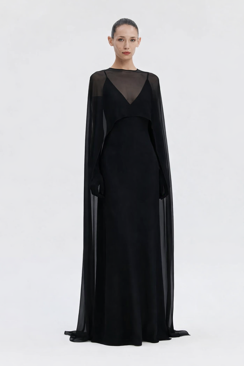 SATIN MAXI DRESS WITH CAPE MIDNIGHT BLACK