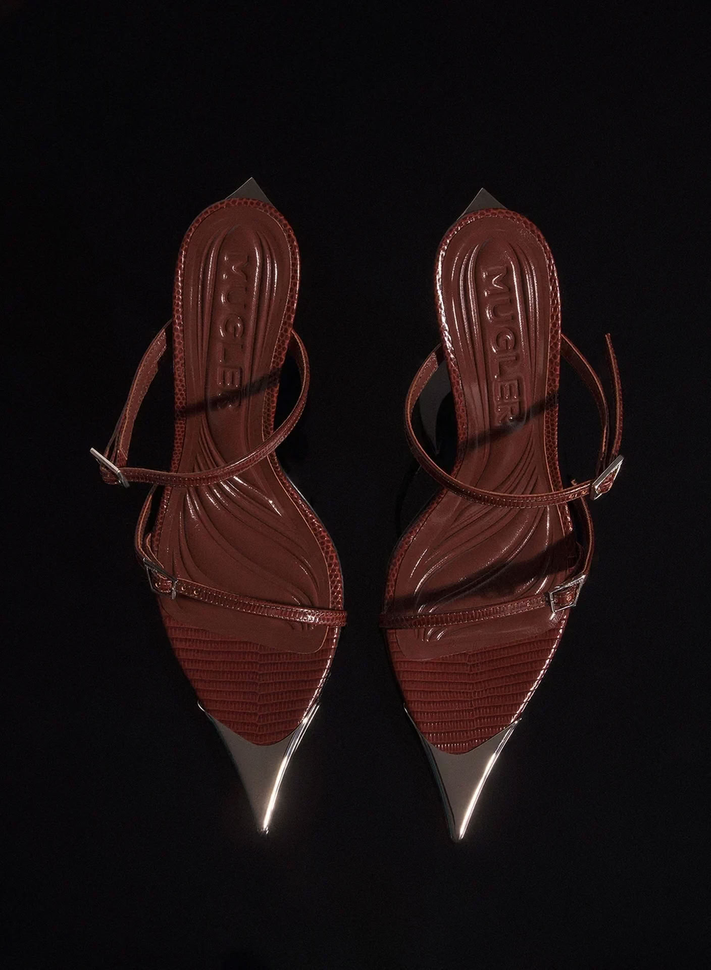 BROWN LIZARD EMBOSSED LEATHER FANG 95 SANDALS 