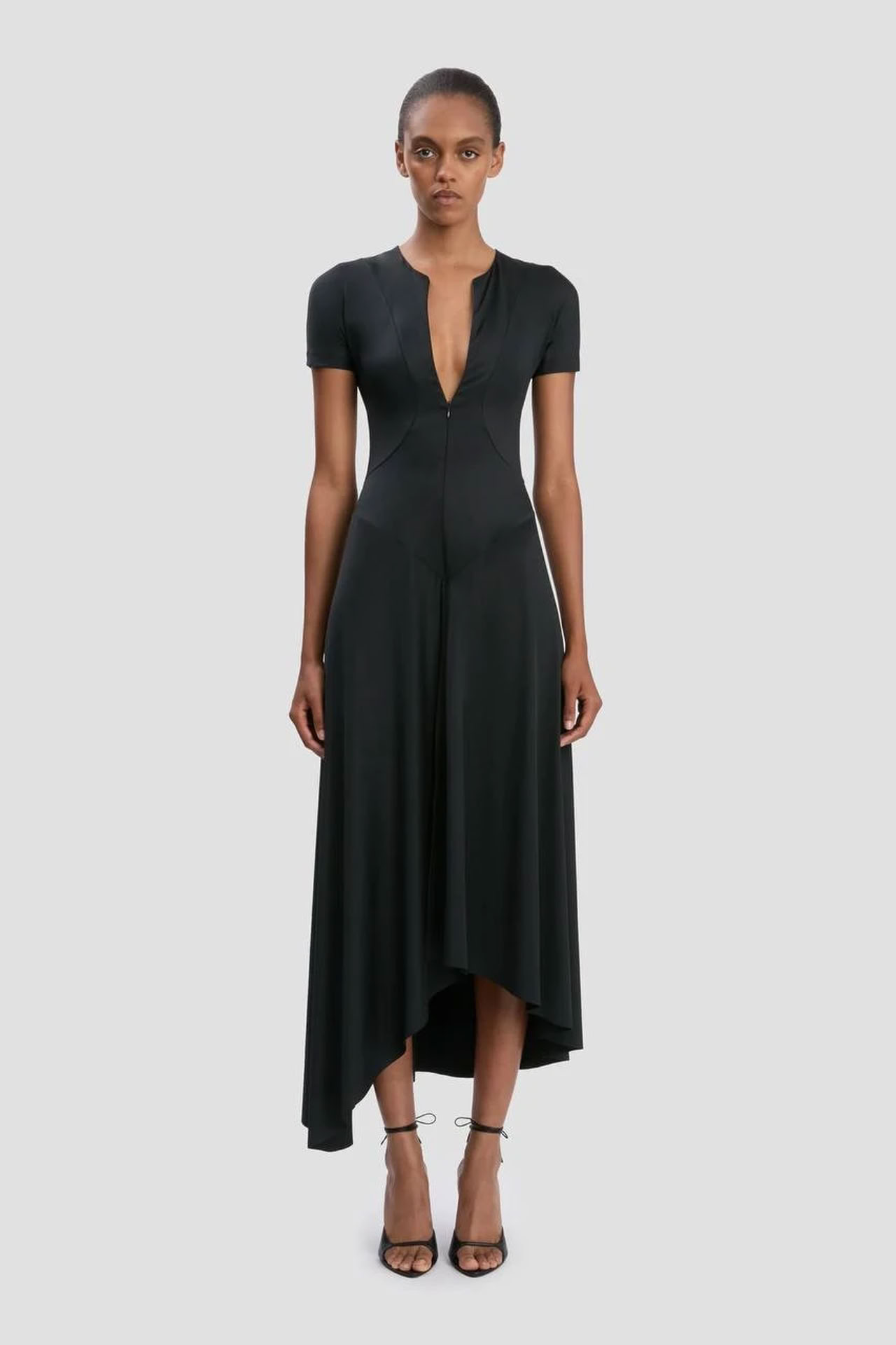 ZIPPED FRONT MIDI DRESS IN BLACK