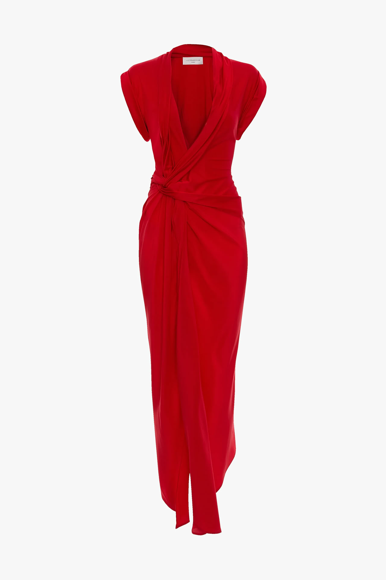 ASYMMETRIC TWIST DETAIL DRESS IN CARDINAL RED