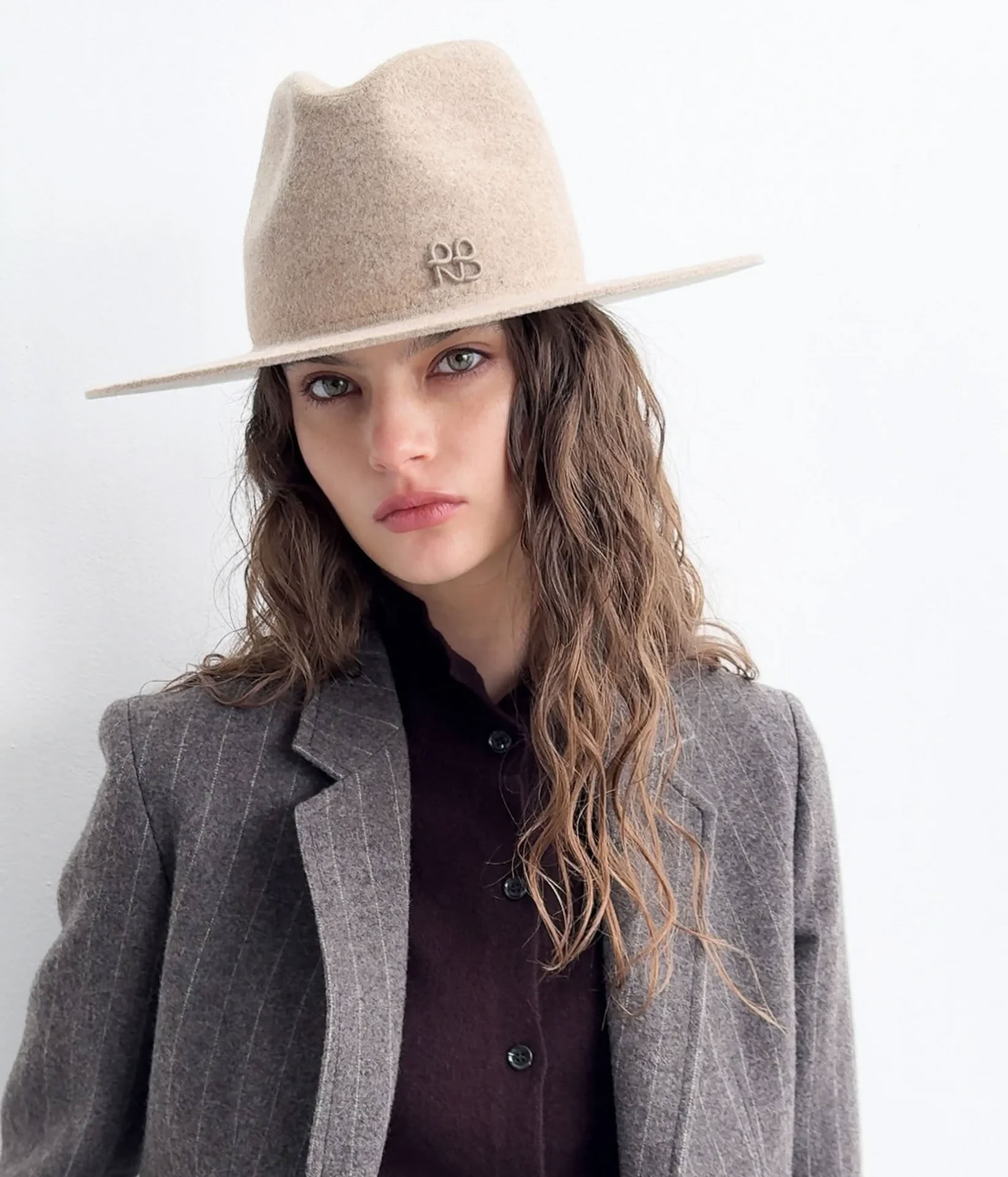 RUSLAN BAGINSKIY MONOGRAM-EMBELLISHED FEDORA HAT IN BEIGE