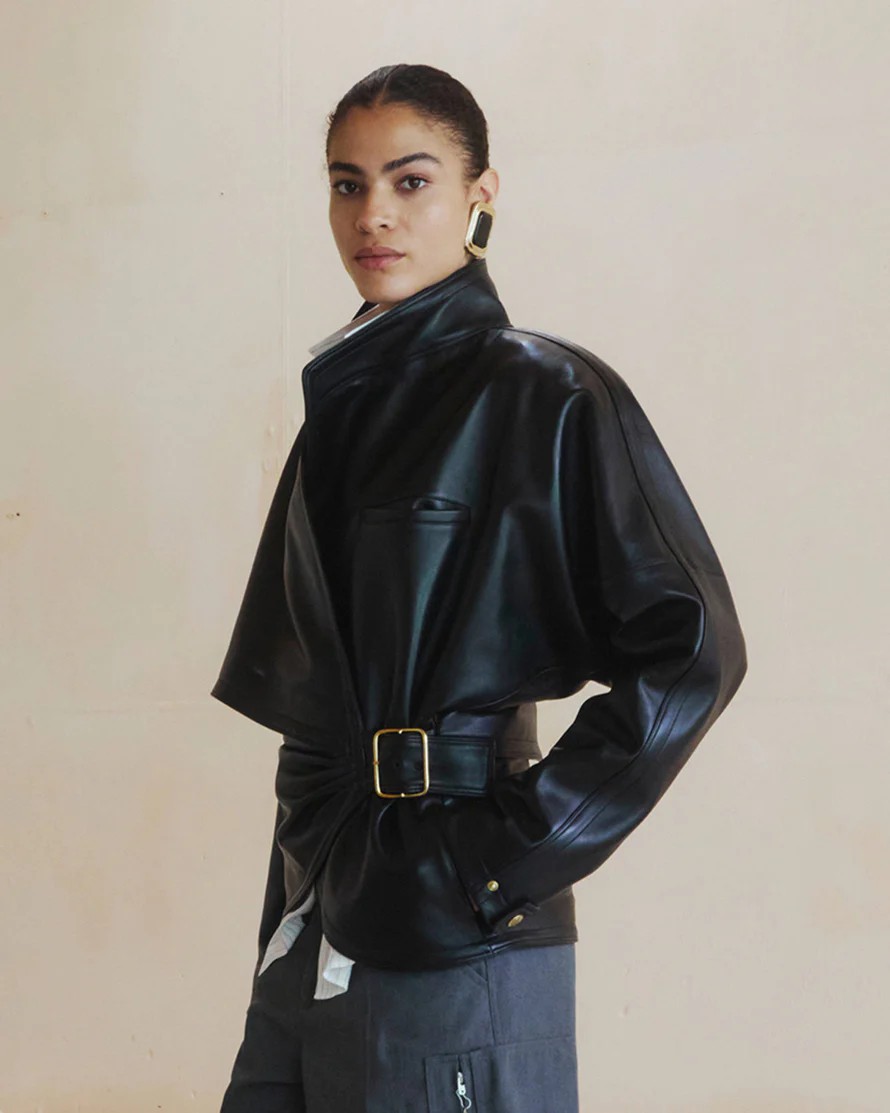 CINDY - PLONGE NAPPA LEATHER CONTOUR JACKET IN BLACK