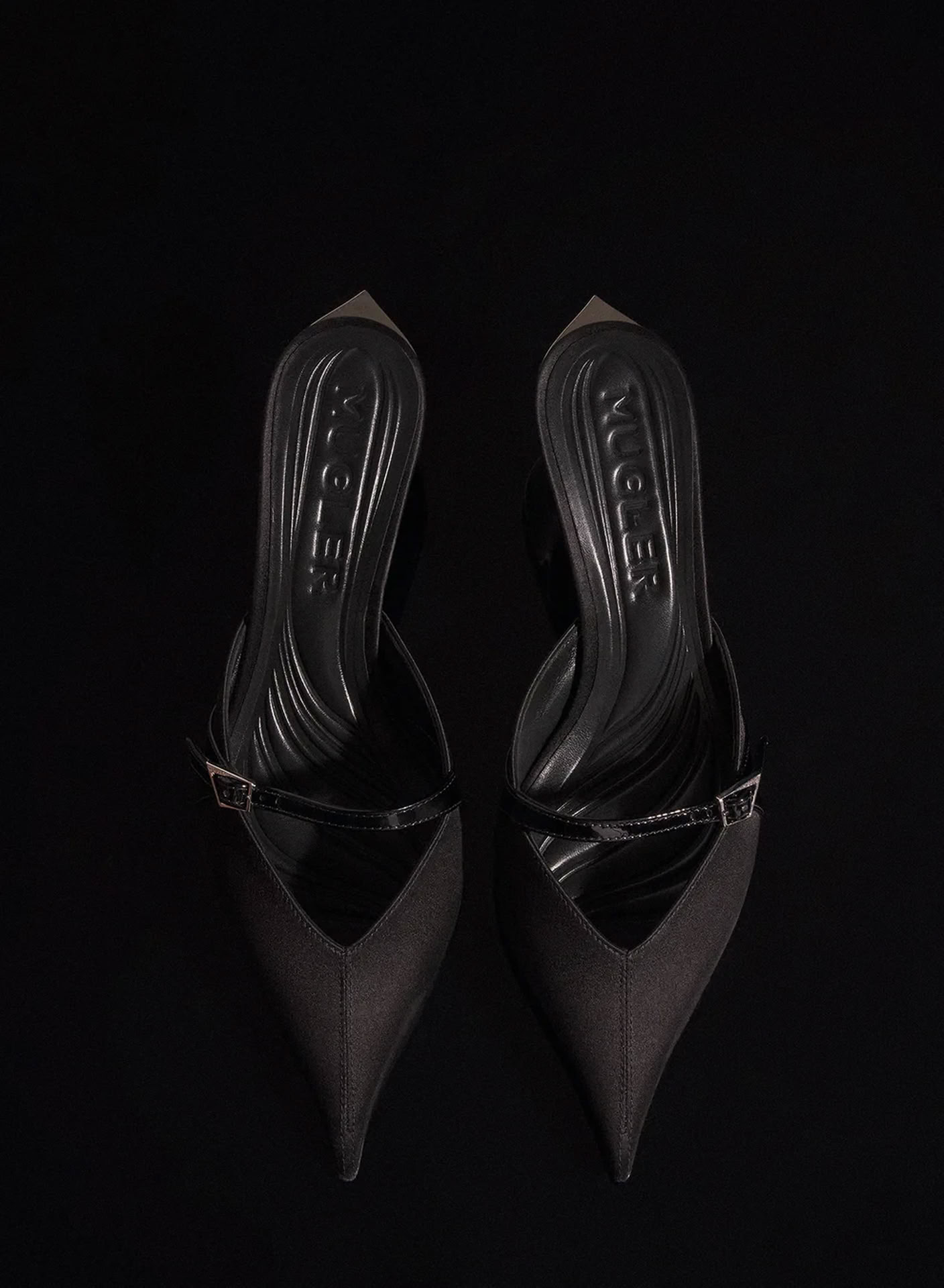 BLACK SATIN FANG 55 BUCKET MULES 