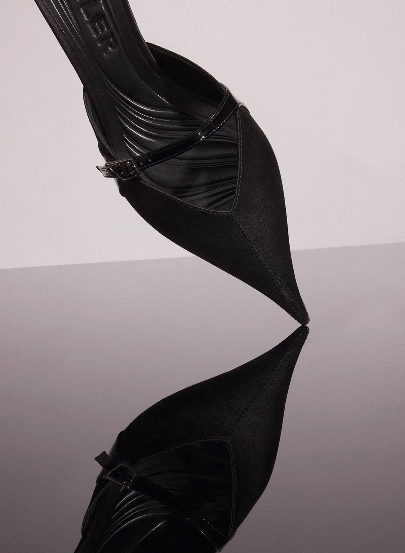 BLACK SATIN FANG 55 BUCKET MULES 