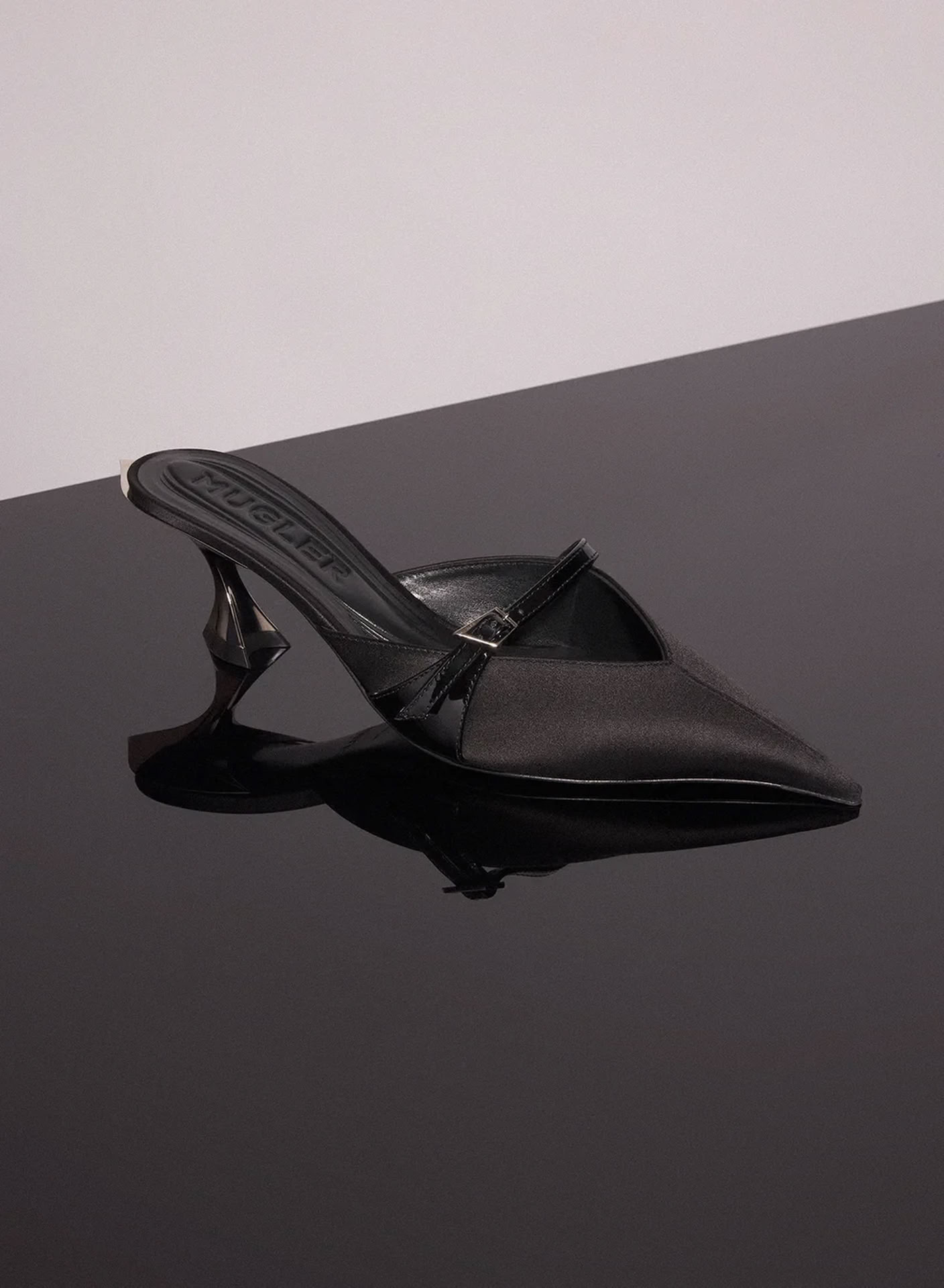 BLACK SATIN FANG 55 BUCKET MULES 