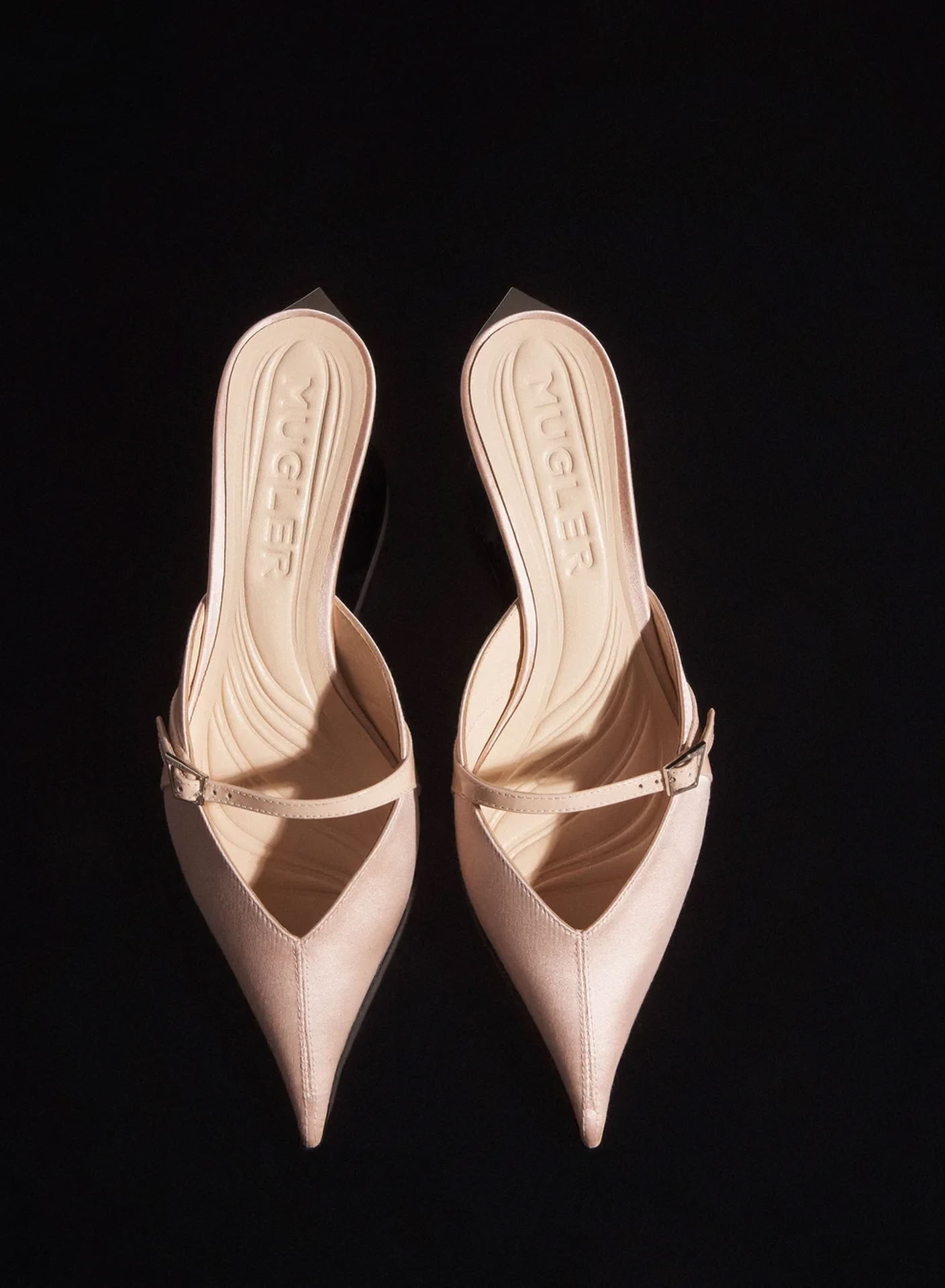 NUDE SATIN FANG 55 MULES WITH STRAP