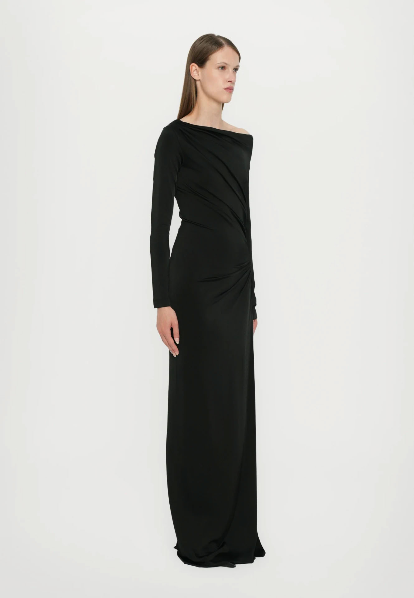 OFF-SHOULDER DRAPED GOWN IN BLACK