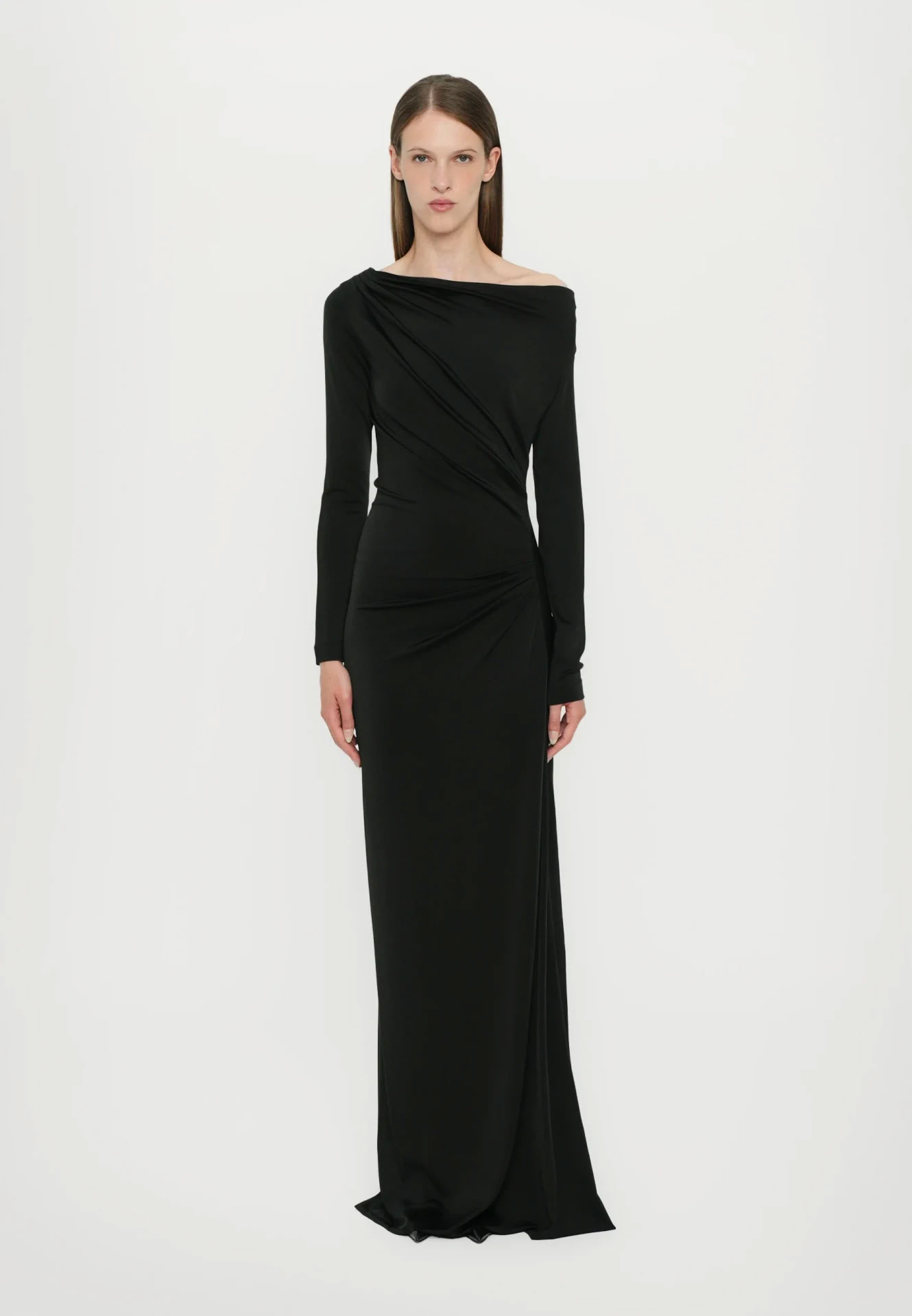 OFF-SHOULDER DRAPED GOWN IN BLACK