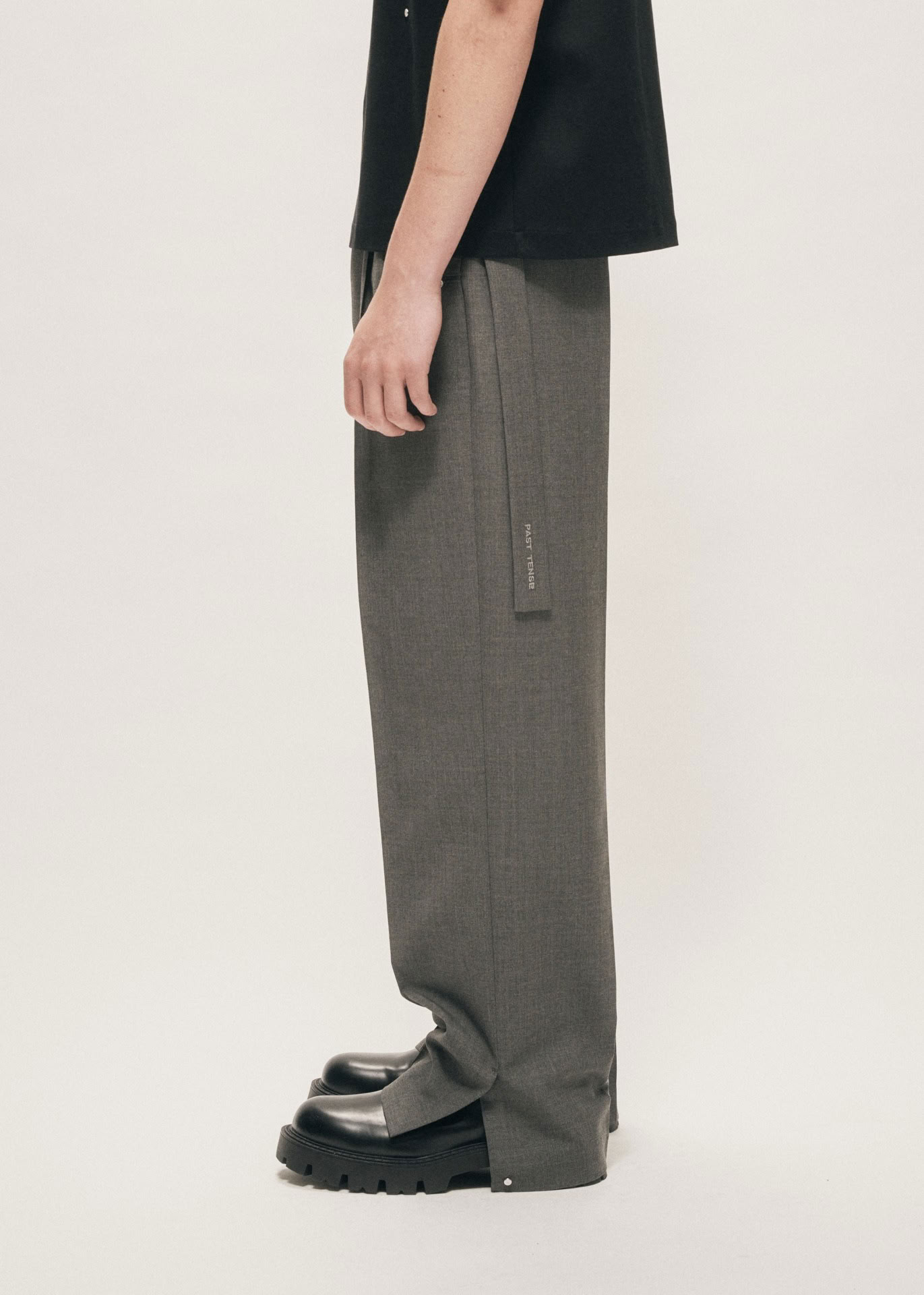 TROPICAL WOOL BELTED WIDE LEG TROUSERS GREY MELANGE 