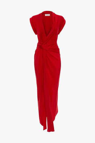 ASYMMETRIC TWIST DETAIL DRESS IN CARDINAL RED
