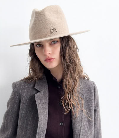 RUSLAN BAGINSKIY MONOGRAM-EMBELLISHED FEDORA HAT IN BEIGE