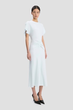 GATHERED WAIST MIDI DRESS IN GLACIAL BLUE
