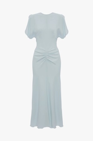 GATHERED WAIST MIDI DRESS IN GLACIAL BLUE