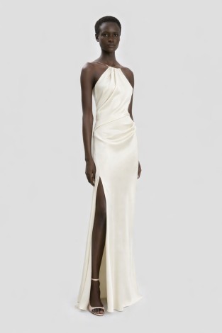 CHAIN DETAIL HALTER GOWN IN ALOE