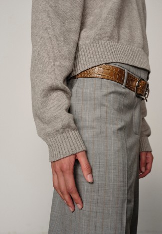 IVANO MIDT WAIST PANTS IN LIGHT GREY PINSTRIPE