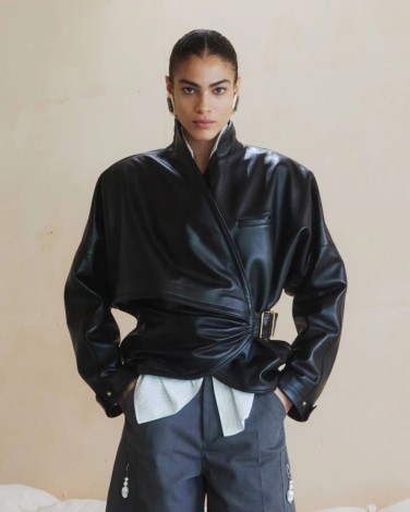 CINDY - PLONGE NAPPA LEATHER CONTOUR JACKET IN BLACK