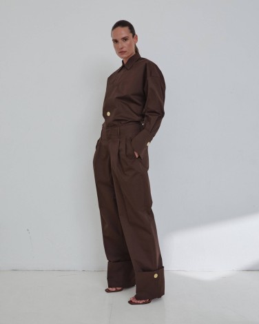 DIANA - TAILORED CUFF POPELINE PANTS IN DARK BROWN