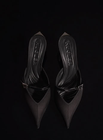 BLACK SATIN FANG 55 BUCKET MULES 