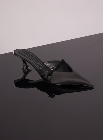 BLACK SATIN FANG 55 BUCKET MULES 