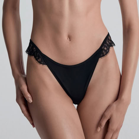 LEAVERS EYELASH LACE LOW-RISE THONG IN BLACK