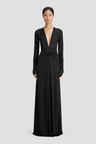LONG SLEEVE DEEP V-NECK GOWN IN BLACK 