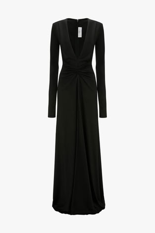 LONG SLEEVE DEEP V-NECK GOWN IN BLACK 