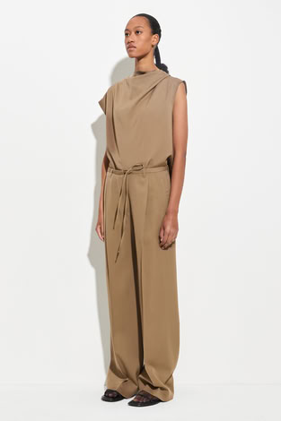 WIDE LEG PANTALON WITH WAISTSTRING ALMOND