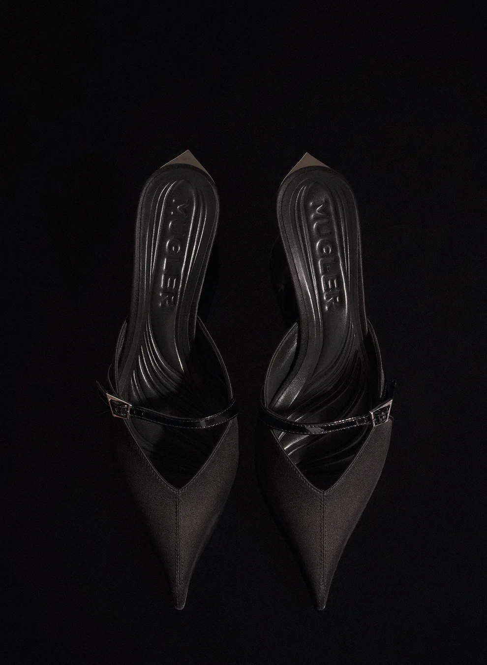 BLACK SATIN FANG 55 BUCKET MULES 