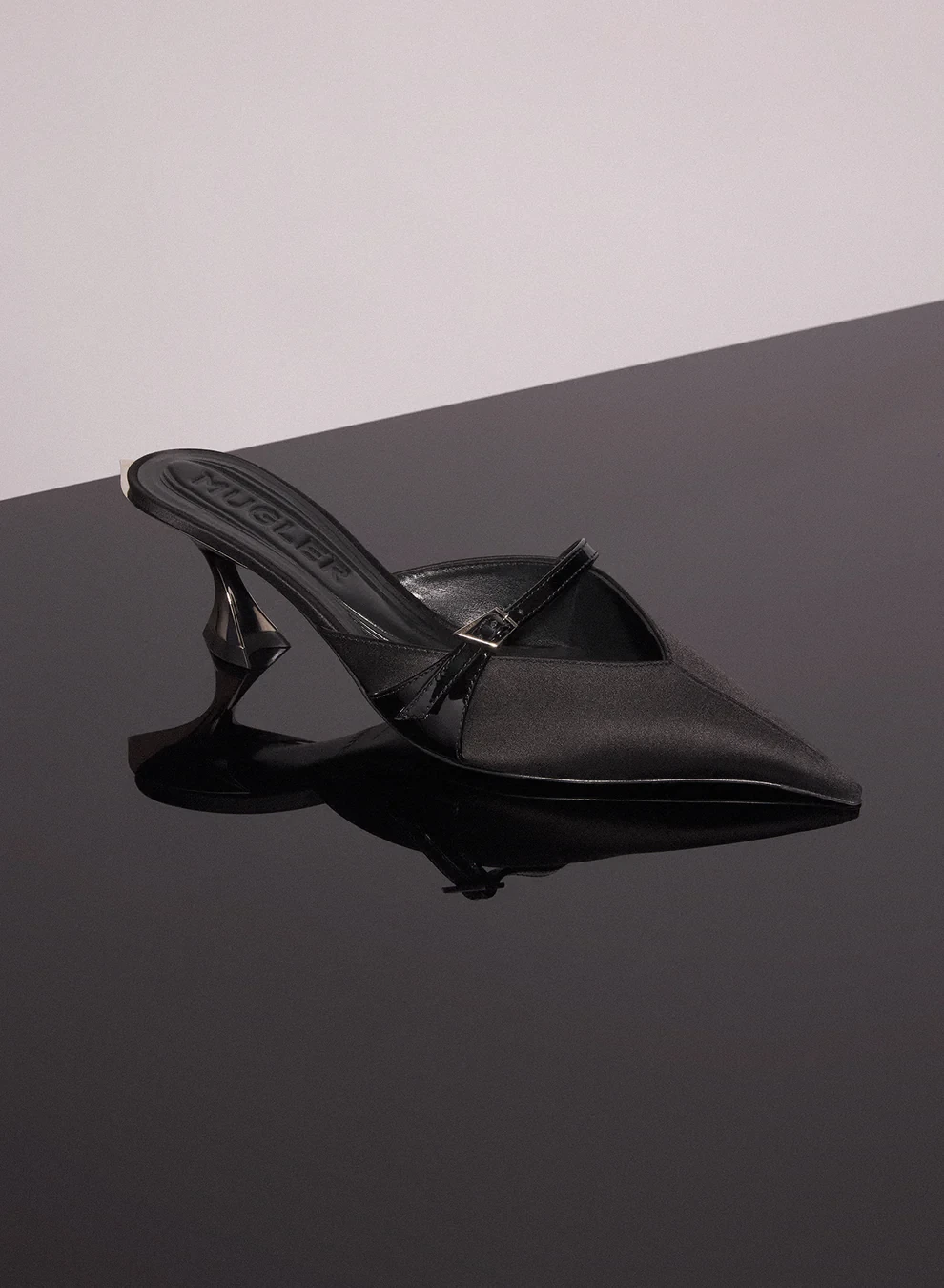 BLACK SATIN FANG 55 BUCKET MULES 