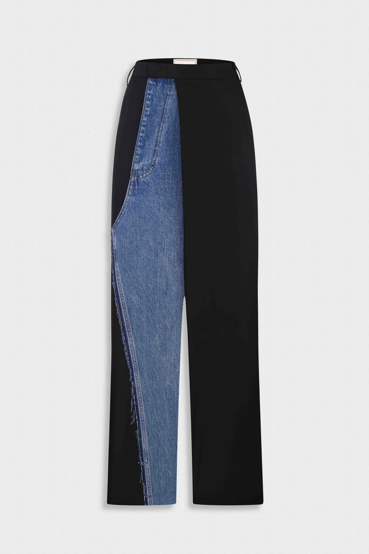 DECONSTRUCTED PANTS WITH DENIM PANEL IN BLACK/NAVY BLUE