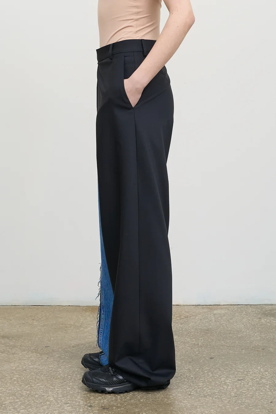 DECONSTRUCTED PANTS WITH DENIM PANEL IN BLACK/NAVY BLUE