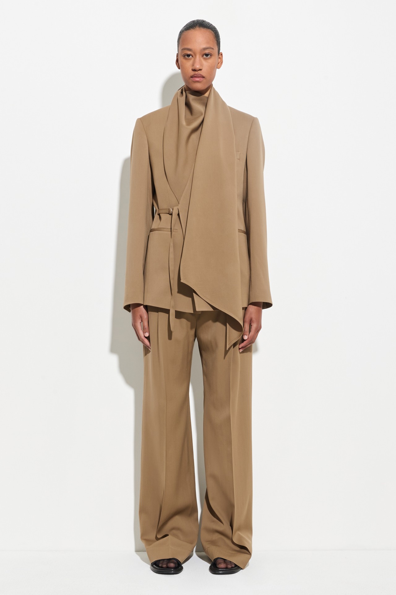 BLAZER WITH DRAPED SCARF & BELT ALMOND